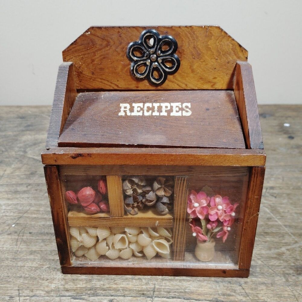 Vintage Wooden Recipe Box Front Display Windows Folk Art Farmhouse